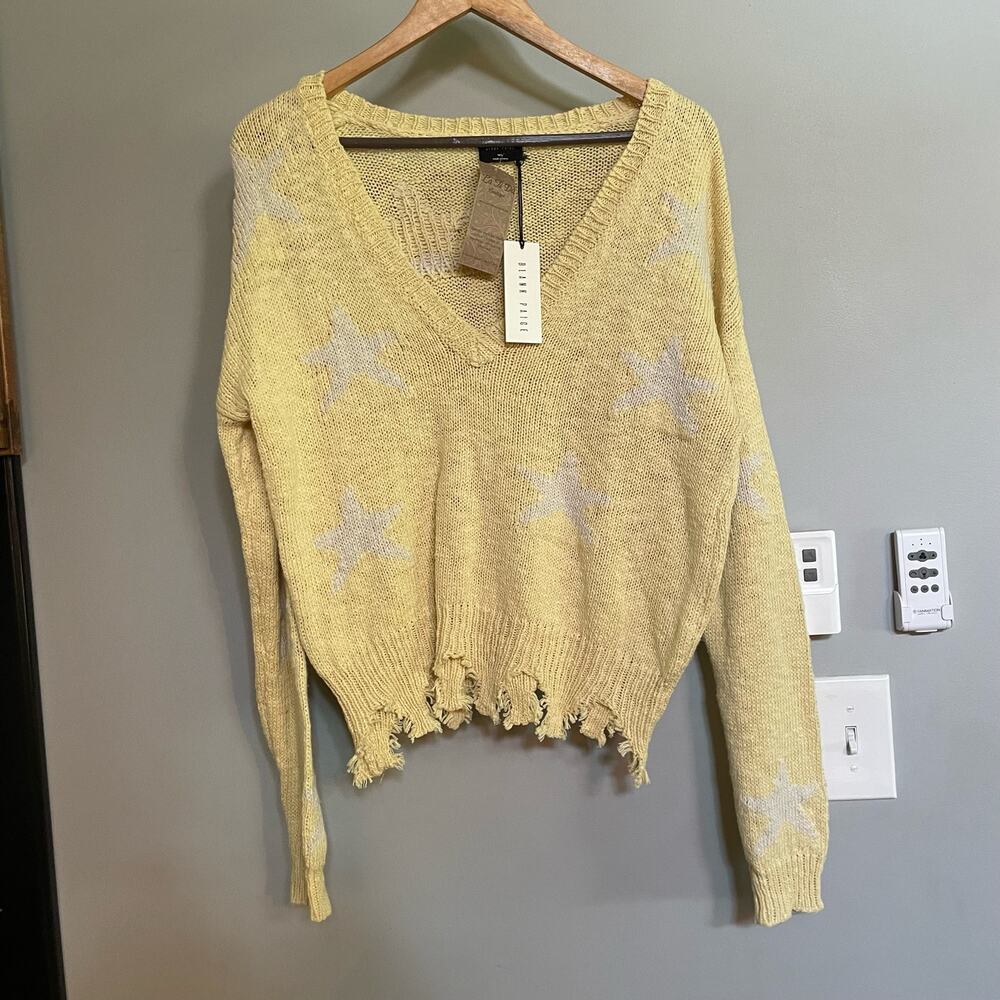 Blank Paige Sweater Yellow Star Distressed Sz‎ M/L V Neck Oversized Pullover NEW